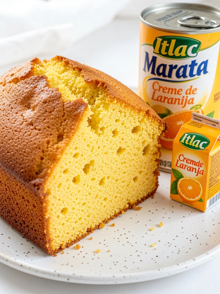 Fatia de bolo chiffon dourada em prato de cerâmica branco com lata de creme de laranja ao lado, luz natural destacando texturas.