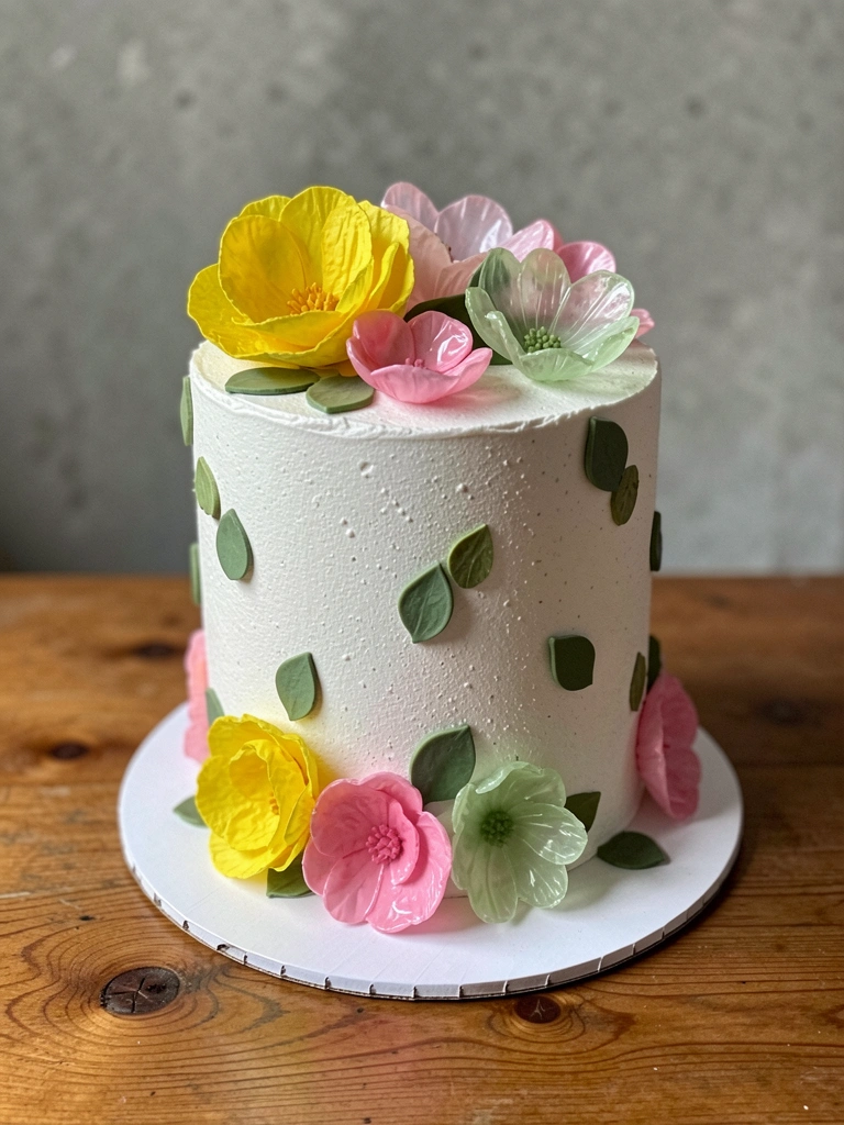 Conjunto de bolos de aniversário com decorações variadas em tons pastel e flores.