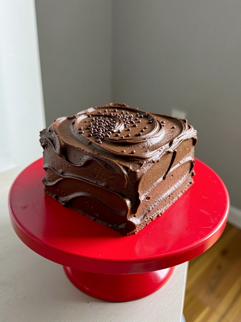 Bolo de chocolate coberto com brigadeiro, sobre suporte decorado.