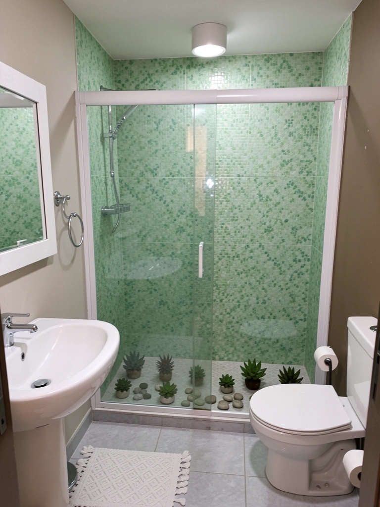 Caixa de vidro incolor com suculentas e pedras decorativas sobre superfície clara.