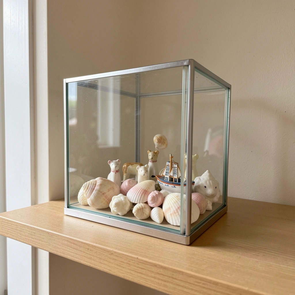 Caixa de vidro transparente com conchas e miniaturas em seu interior.