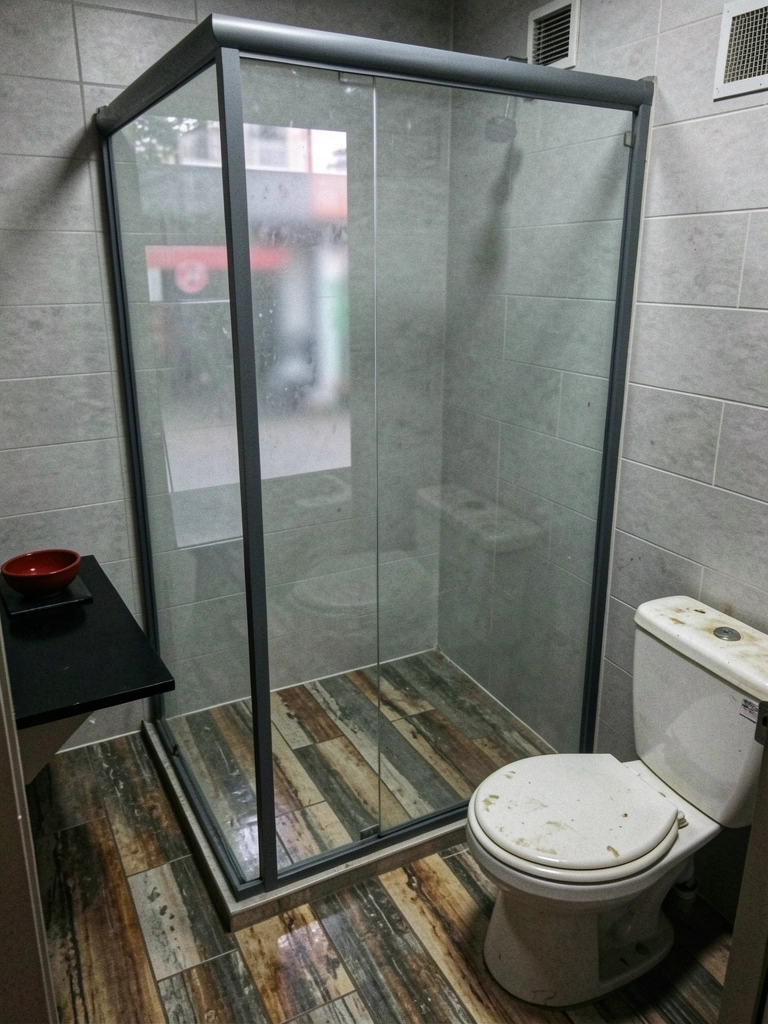 Prateleiras com peças de vidro incolor em loja, iluminação suave sobre superfícies transparentes.