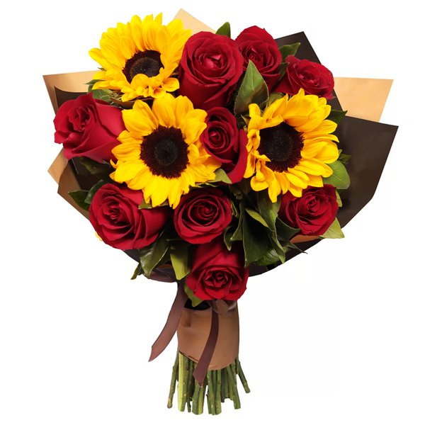 buquê de girassol com rosas cor-de-rosa