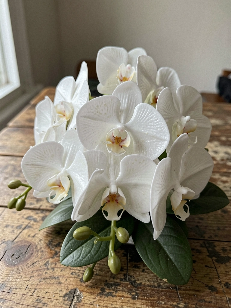 Buquê de orquídeas brancas sobre mesa de madeira rústica, com luz natural suave ao fundo.