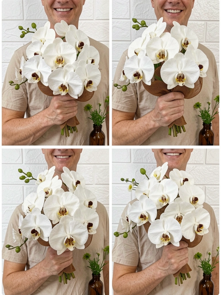 Colagem com quatro buquês de orquídeas em diferentes arranjos e cores