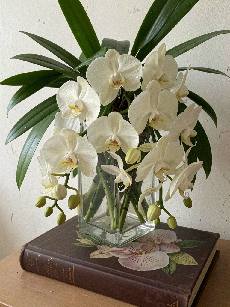 Buquê em cascata com orquídeas phalaenopsis brancas e folhas verdes