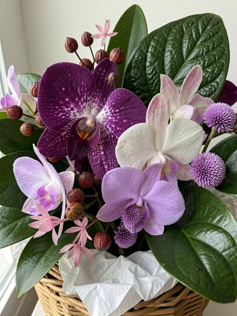 Buquê silvestre com orquídeas dendrobium e flores do campo sobre superfície rústica