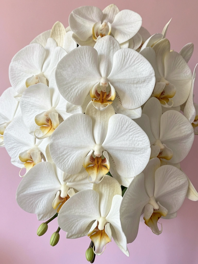 Buquê de orquídeas brancas e roxas com folhagens verdes