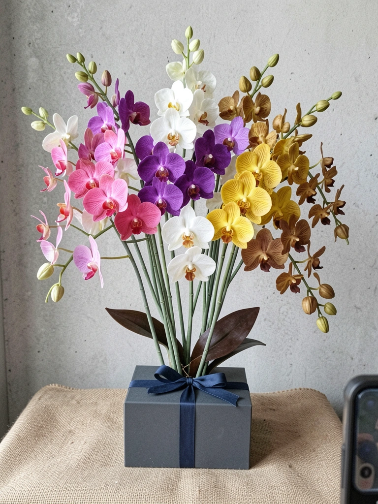 Cachos de orquídeas dendrobium e oncidium em tons de rosa, amarelo e branco, dispostos sobre uma mesa de madeira clara.