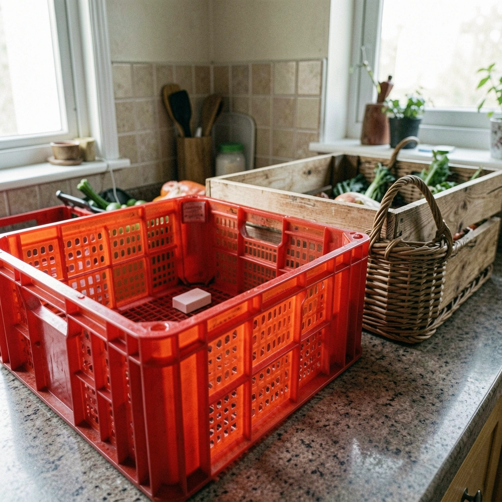 Caixas de verdura de madeira, plástico e palha empilhadas em uma bancada de cozinha clara.