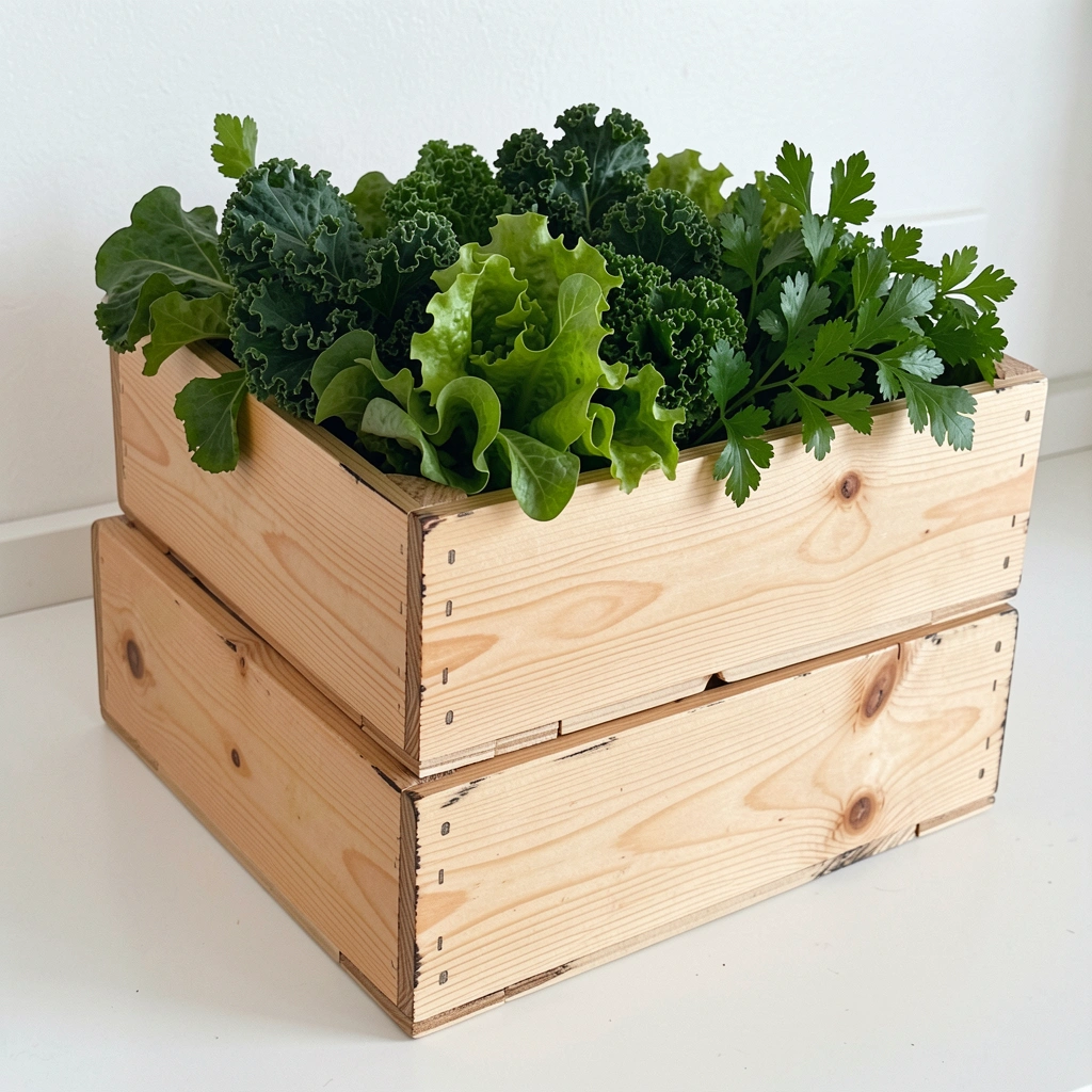 Caixa de madeira pinus rústica cheia de verduras frescas, sobre uma mesa de madeira.