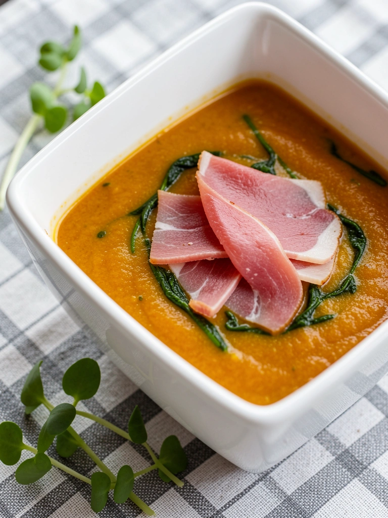 Tigela quadrada branca com sopa cremosa de abóbora, espinafre fresco e fatias de presunto rosado, ramo de microverdes ao lado sobre toalha xadrez cinza e branca, luz natural suave.