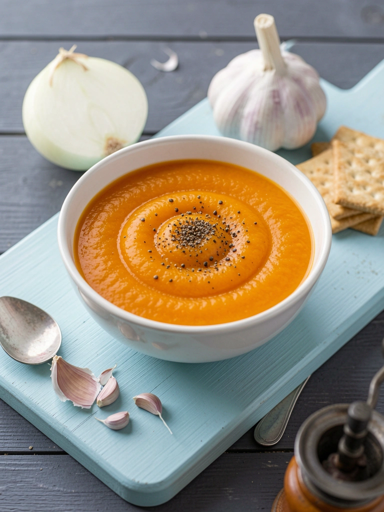 Tigela de sopa de abóbora com pimenta-do-reino sobre tábua azul-clara, ao lado cebola, alho, crackers e colher, fundo de mesa cinza-escura.