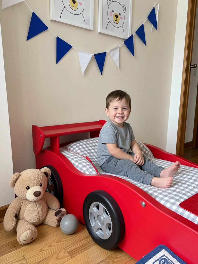 Criança sorrindo deitada em cama vermelha em formato de carro no quarto