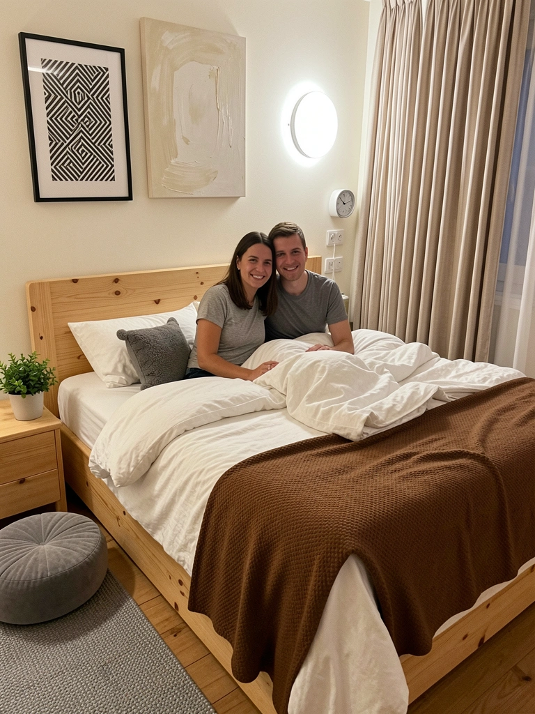 Casal sentado em cama de madeira maciça em quarto decorado com cabeceira estofada e mesa de cabeceira.