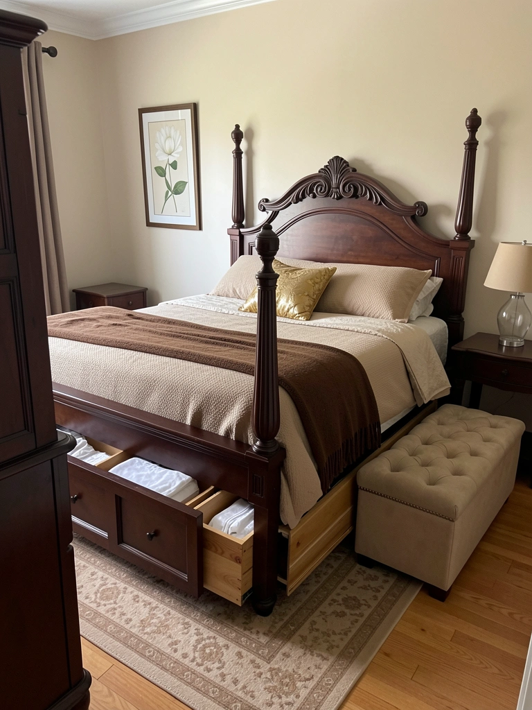 Cama de madeira com gavetas laterais abertas, colchão branco e roupa de cama neutra.