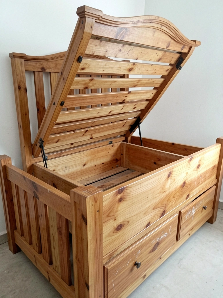 Cama baú de madeira com estrado levantado, revelando o compartimento interno.