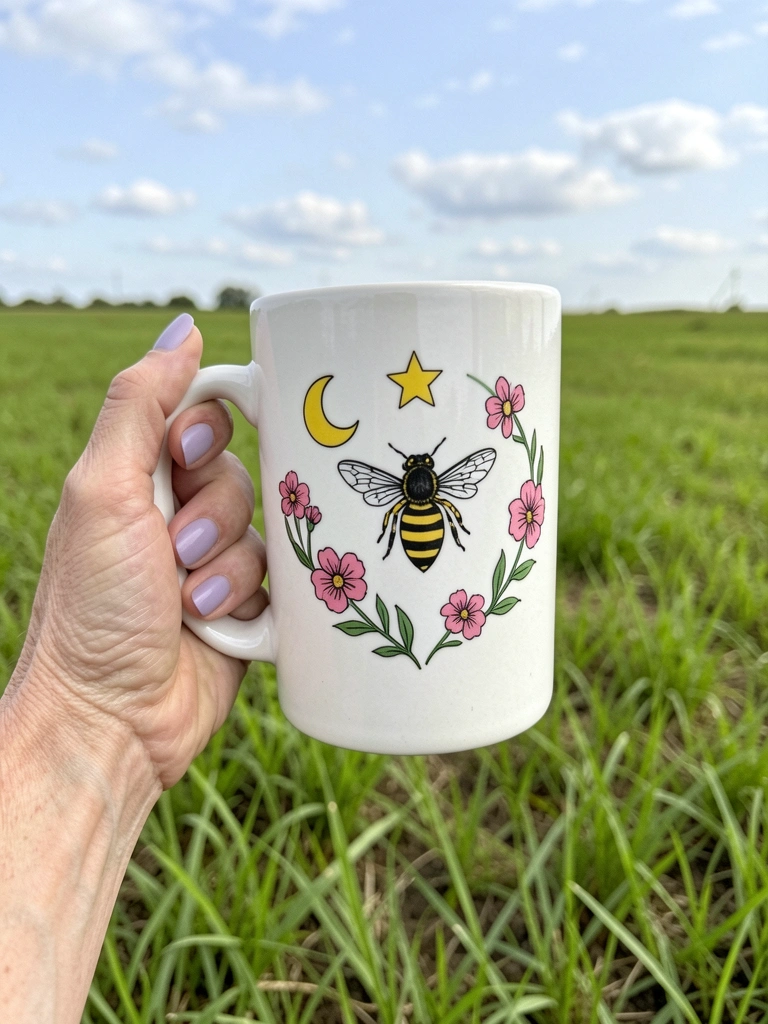 Detalhe da sublimação em caneca de cerâmica branca com estampa de abelha