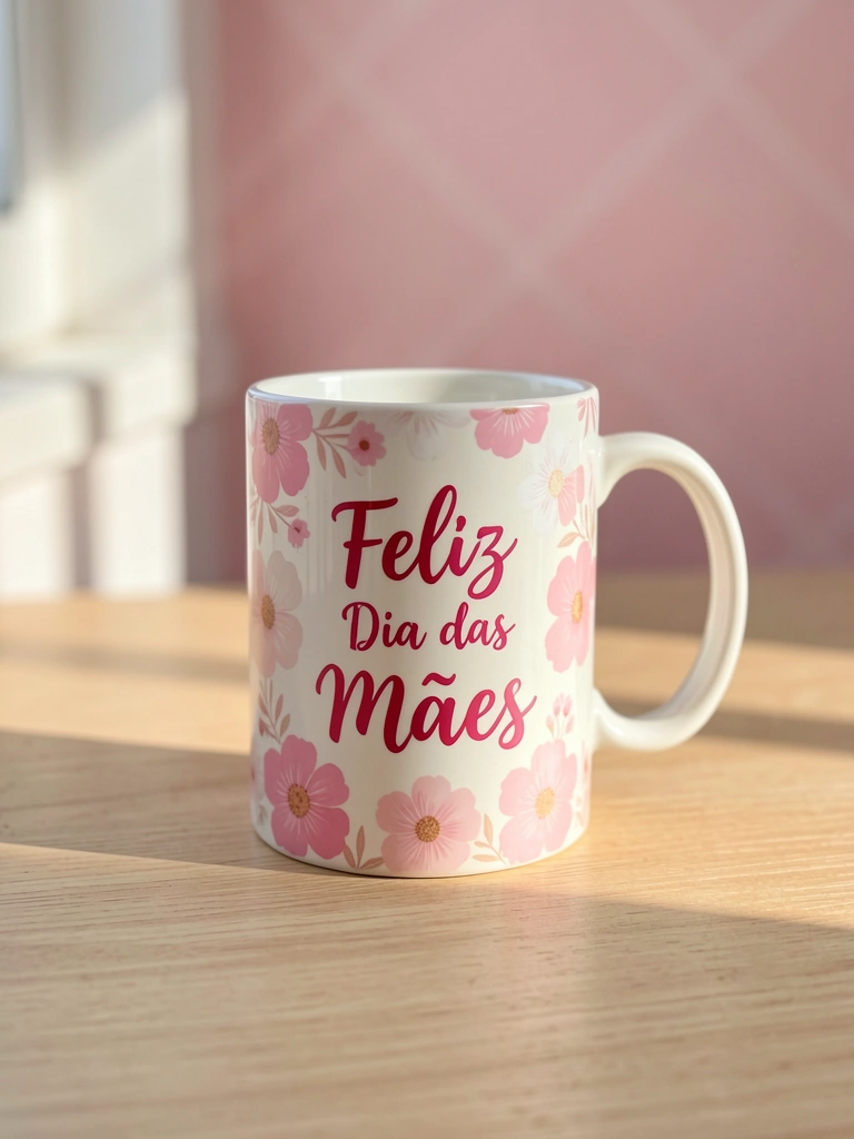 Caneca de porcelana branca com estampa floral rosa, inscrição 