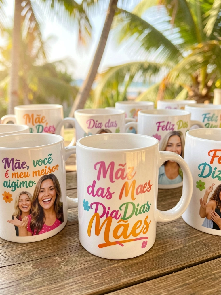 Canecas de cerâmica com frases de Dia das Mães e fotos de mulheres sorrindo sobre superfície de madeira, luz natural suave ao ar livre.