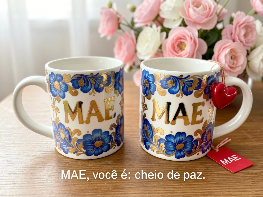 Canecas de cerâmica com padrão floral azul e dourado e a palavra 