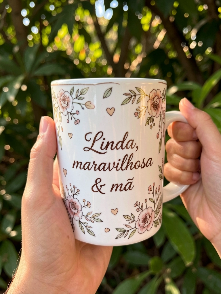 Mão segurando caneca de cerâmica branca com estampa floral e corações, fundo desfocado de folhagens verdes com luz solar salpicada.