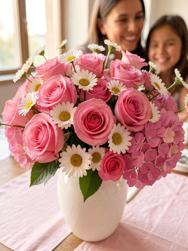 Vaso de cerâmica branco com buquê de rosas cor-de-rosa, margaridas e hortênsias sobre mesa de madeira com toalha rosa-clara, luz natural suave ao fundo.