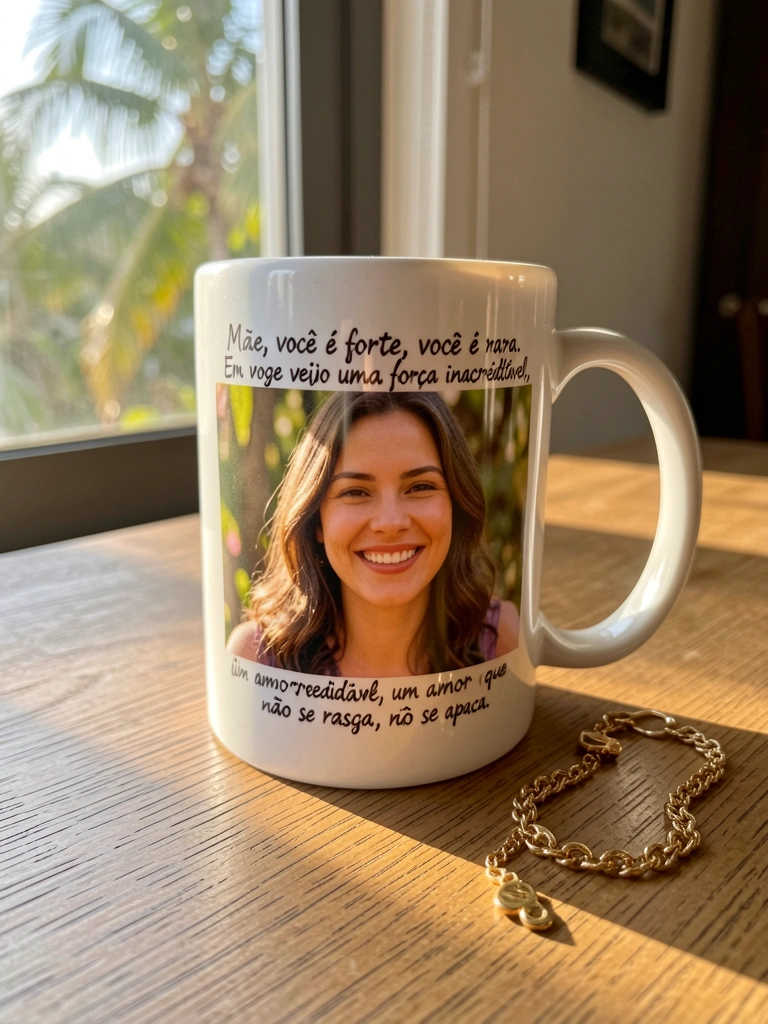 Caneca de cerâmica branca com foto estampada de mulher sorrindo e frase em português, pulseira dourada ao lado, mesa de madeira e luz solar suave.