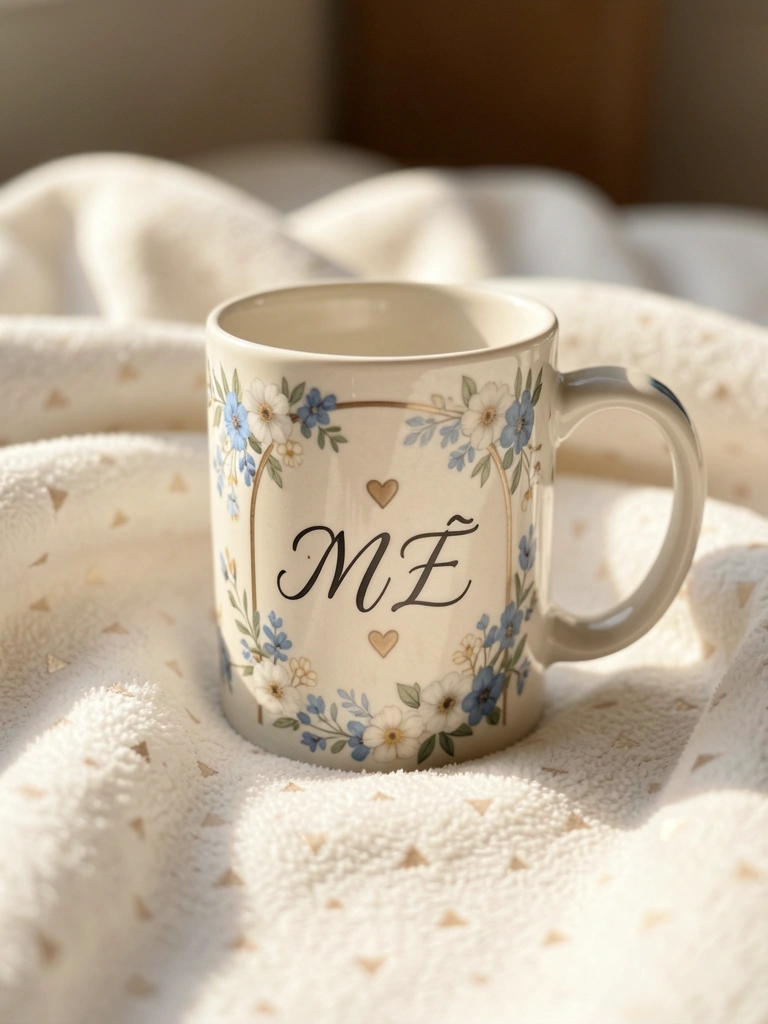 Caneca de cerâmica com flores azuis e brancas e a palavra 