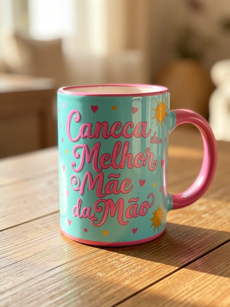 Caneca turquesa e rosa com frase 