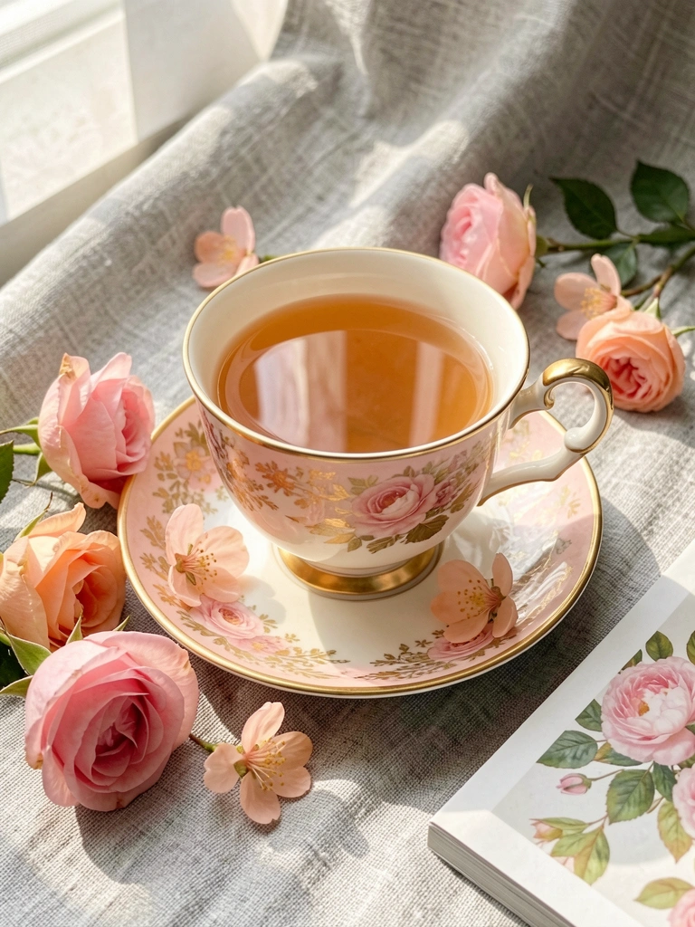 Xícara de porcelana rosa blush e dourada com chá âmbar sobre pires, rosas e flores de pessegueiro espalhadas, luz natural suave e fundo de linho cinza claro.