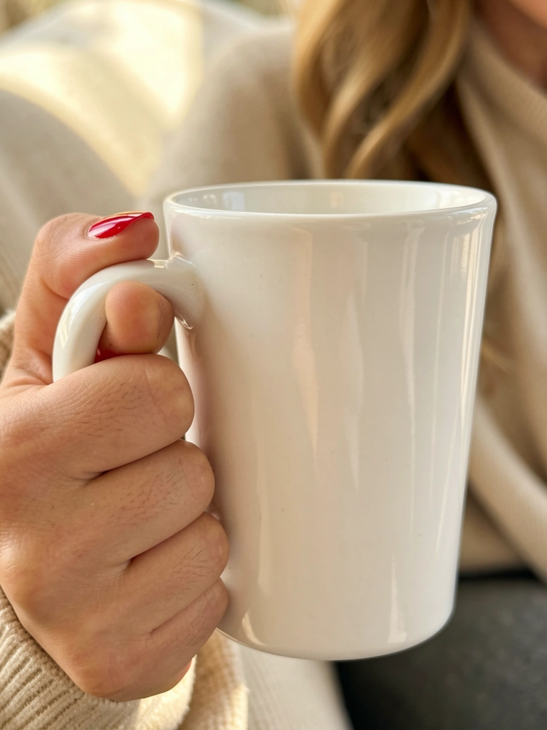 Mão feminina com esmalte vermelho brilhante segurando caneca de cerâmica branca, luz natural suave e fundo desfocado.