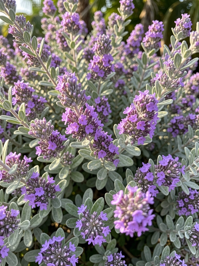 Arbusto denso com flores roxas e prateadas, folhagem verde-clara e cinza-prateada, luz natural quente e fundo desfocado.