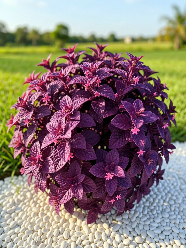 Arbusto roxo com folhas texturizadas e flores rosas, sobre cascalho branco, sob luz solar intensa.
