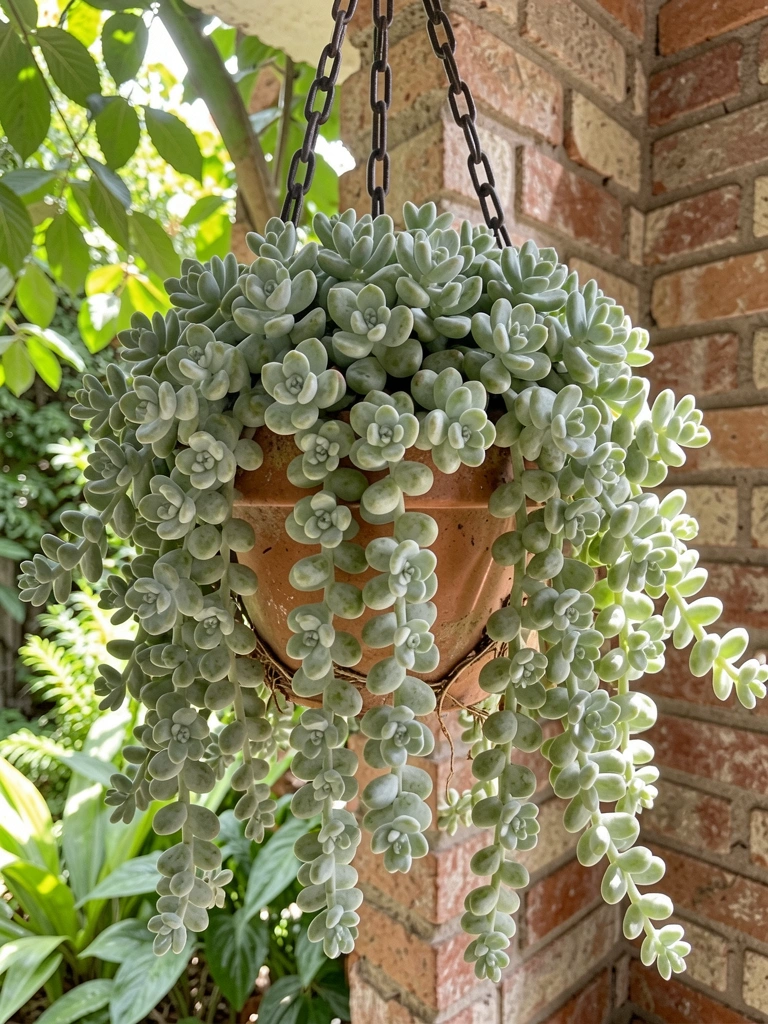 Suculenta pendente de folhas arredondadas verde-prateadas em vaso de terracota suspenso por corrente de metal escura em parede de tijolos, com luz salpicada.