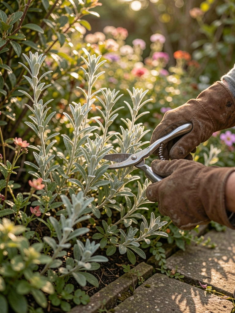 Mãos com luvas marrons de jardinagem seguram tesouras prateadas cortando galhos de plantas prateadas, com luz dourada do sol filtrando pela folhagem.