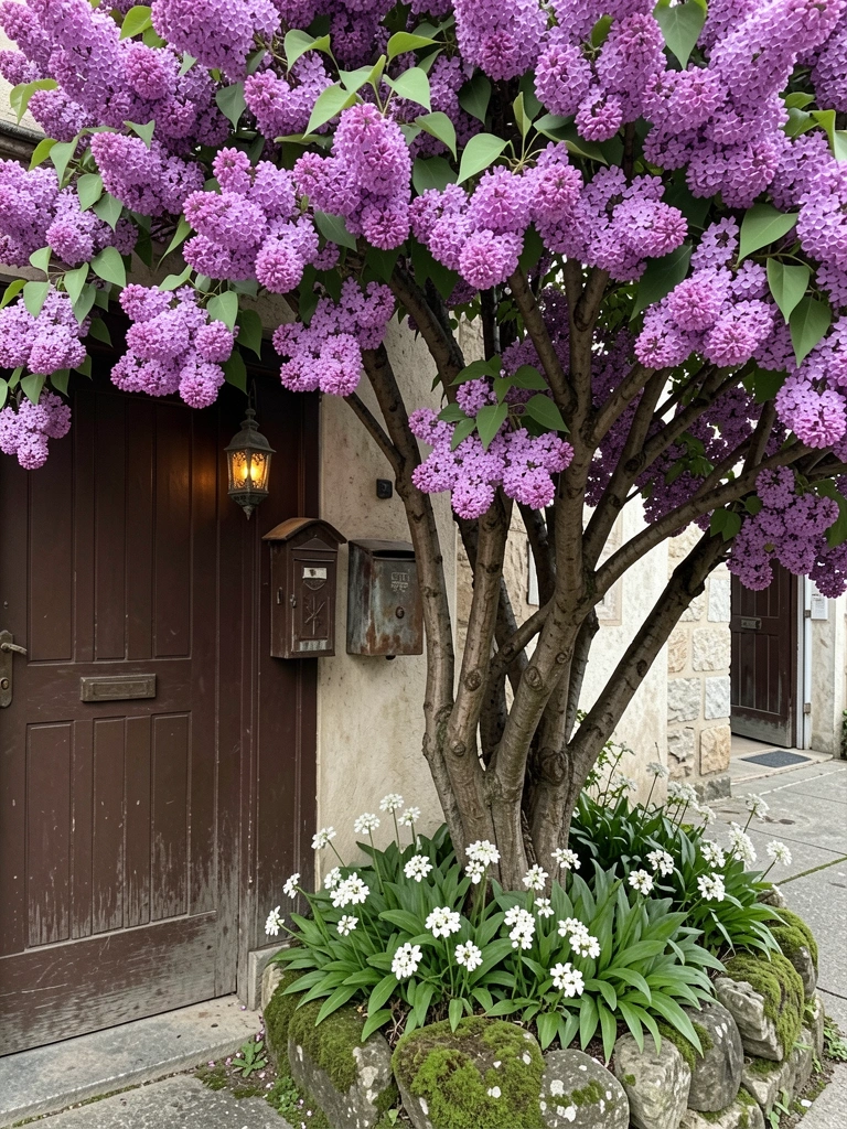 Galhos de lilás roxo intenso sobre porta de madeira escura e caixa de correio desgastada, com lanterninha pendurada e musgo nas pedras.