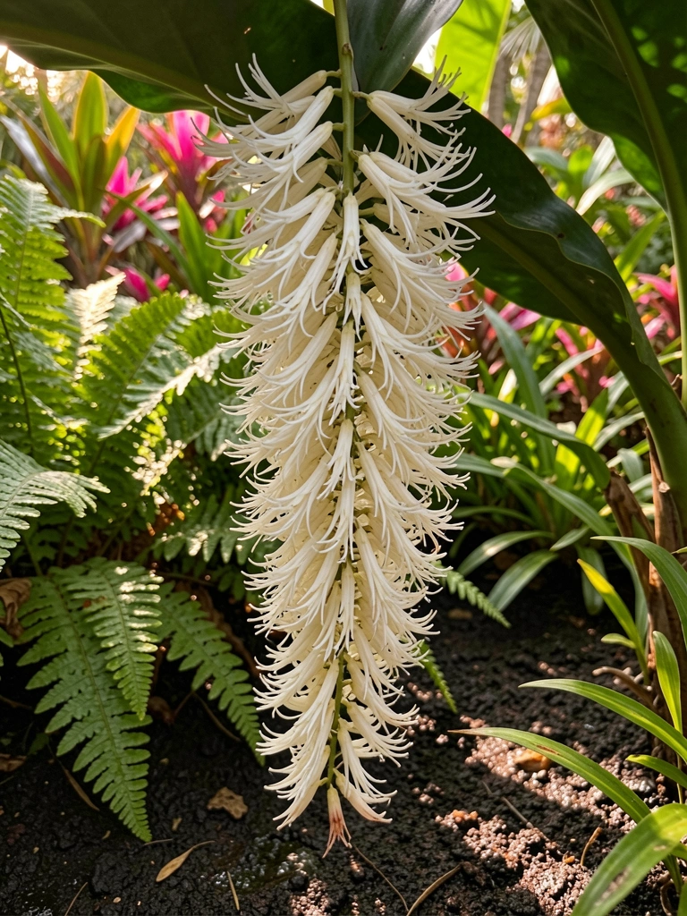 Cacho de flores brancas pendentes sobre folhas verdes escuras, solo úmido e texturizado, luz natural filtrada.