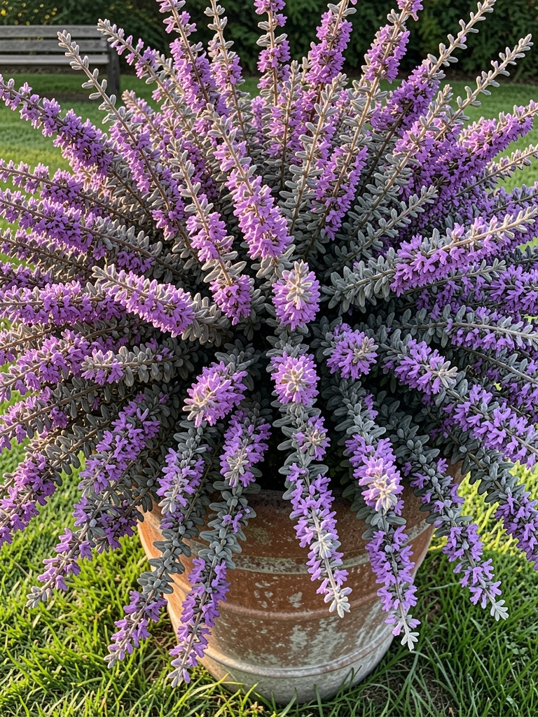 Arbusto denso com flores roxas e cinza-prateado em vaso de terracota envelhecido, gramado verde e banco de madeira ao fundo, luz natural suave.