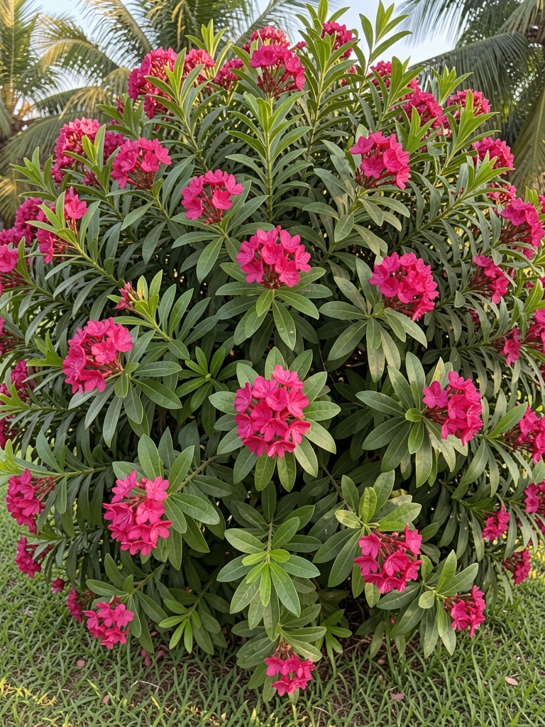 Arbusto redondo com flores rosa vibrantes e folhas verdes escuras, luz natural do dia, fundo desfocado.