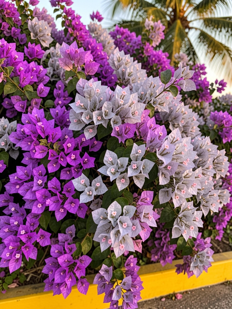Aglomerado denso de flores de buganvília roxas e rosadas com folhagem texturizada, palmeira ao fundo e meio-fio amarelo em primeiro plano, luz natural.