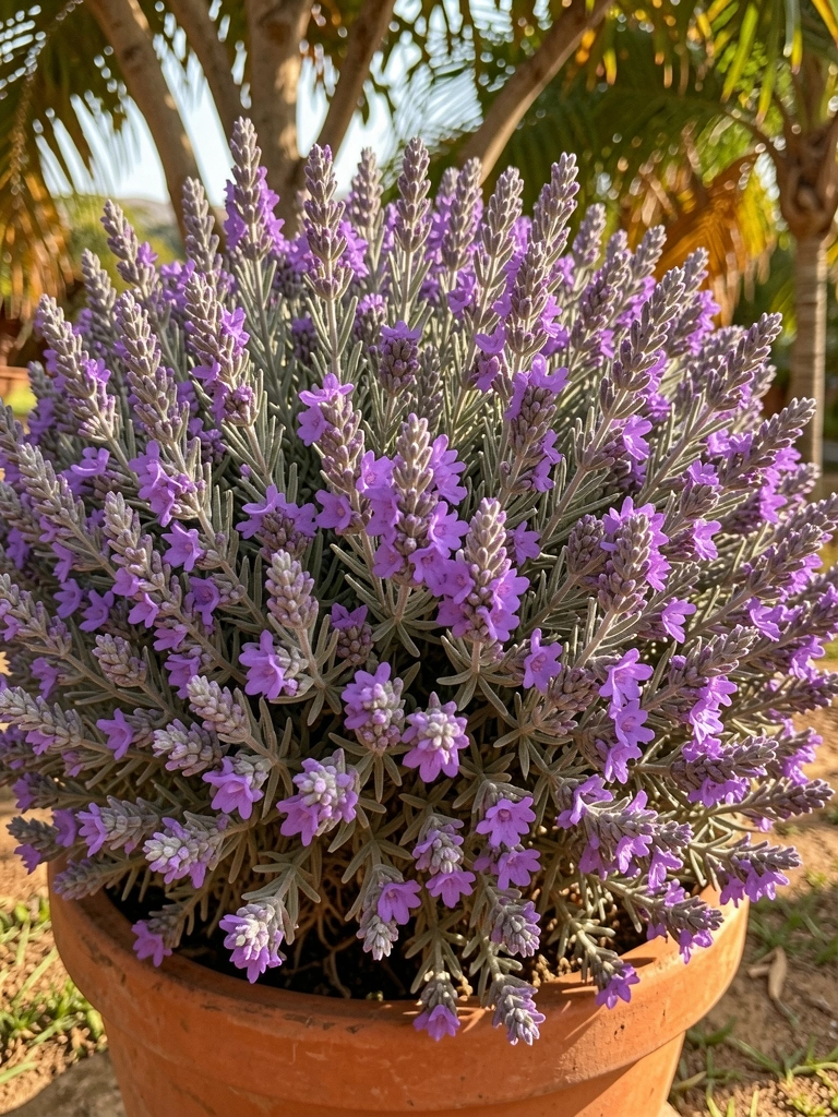 Arbusto denso de flores roxas e prateadas em vaso de terracota, luz solar filtrada por folhagens ao fundo.