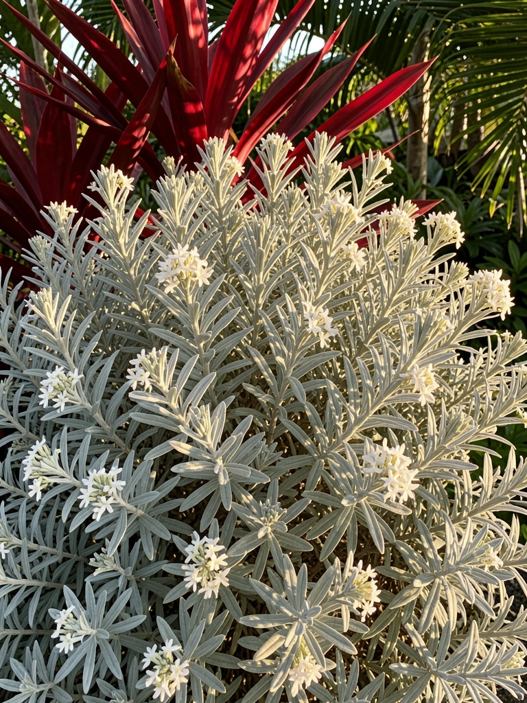 Arbusto prateado com flores brancas e folhagem densa, contrastando com brácteas vermelhas de planta tropical sob luz solar filtrada.