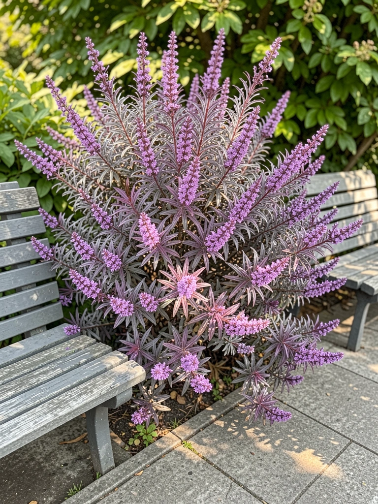 Arbustos floridos roxos e prateados com folhagem intrincada, bancos de parque cinzentos desgastados ao fundo, luz natural quente com sombras salpicadas.