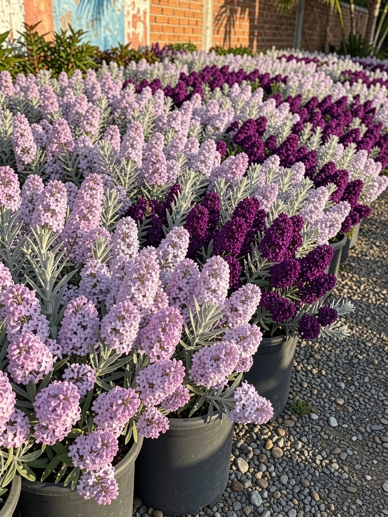 Vasos de plástico cinza escuro com plantas lilases e pratas alinhados em um caminho de cascalho, parede de tijolos desgastada ao fundo, luz solar destacando texturas.