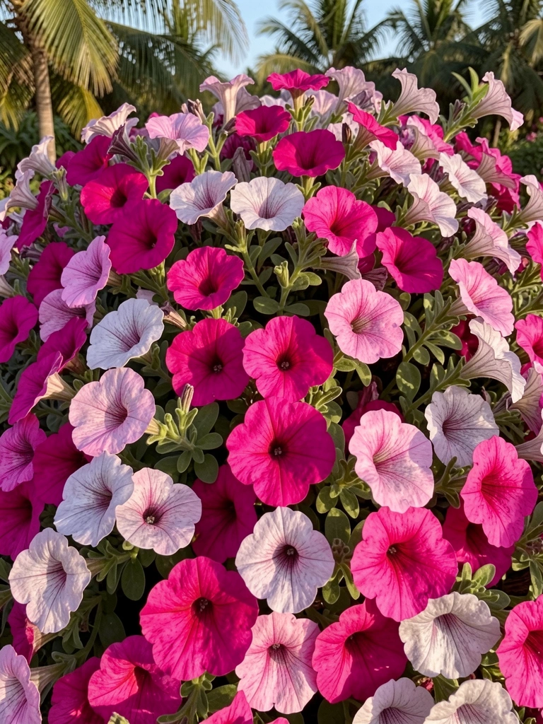 Flores magenta e prateadas em plantas densas e arredondadas, iluminadas por luz natural, com folhagem texturizada.