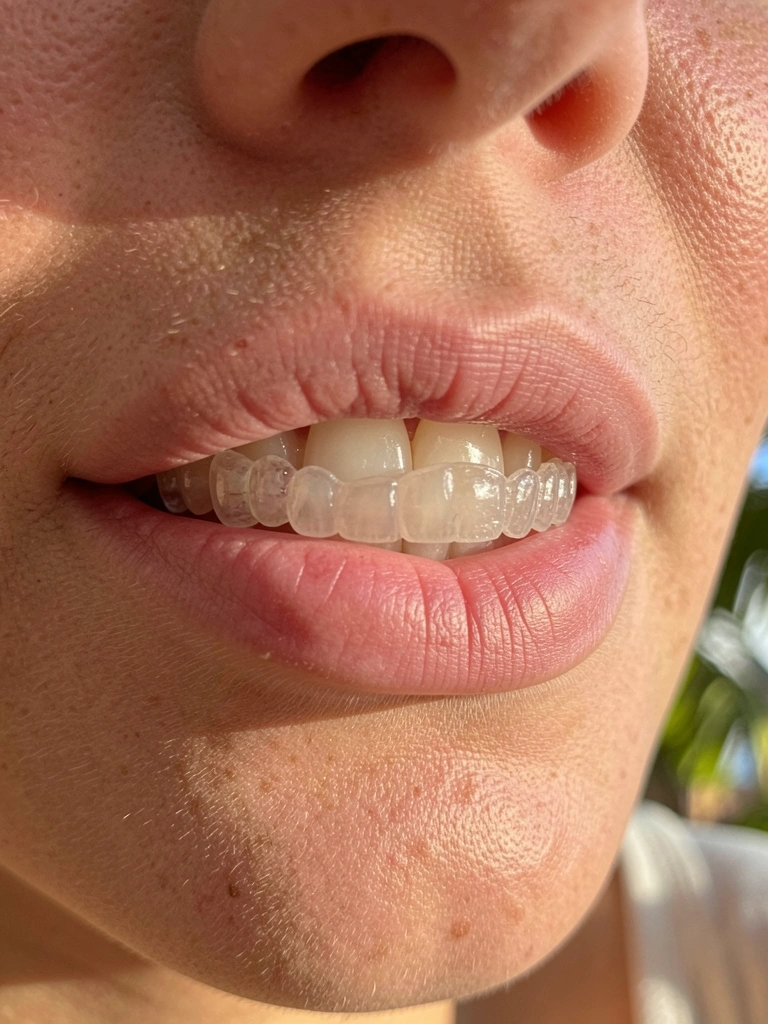 Close-up de lábios femininos com alinhador ortodôntico transparente sobre os dentes, luz natural quente e fundo levemente desfocado.