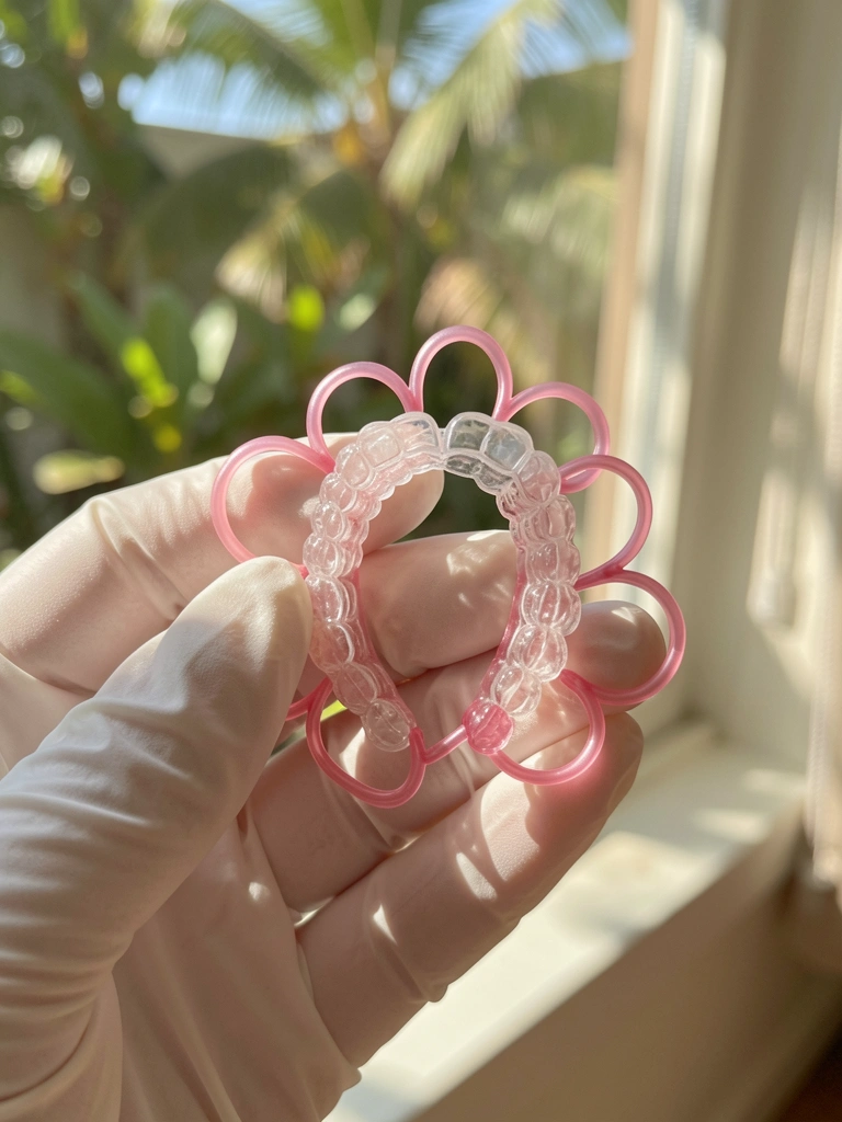 Close de alinhador transparente e contenção rosa em forma de flor segurada por mão enluvada, luz natural difusa e sombras suaves.