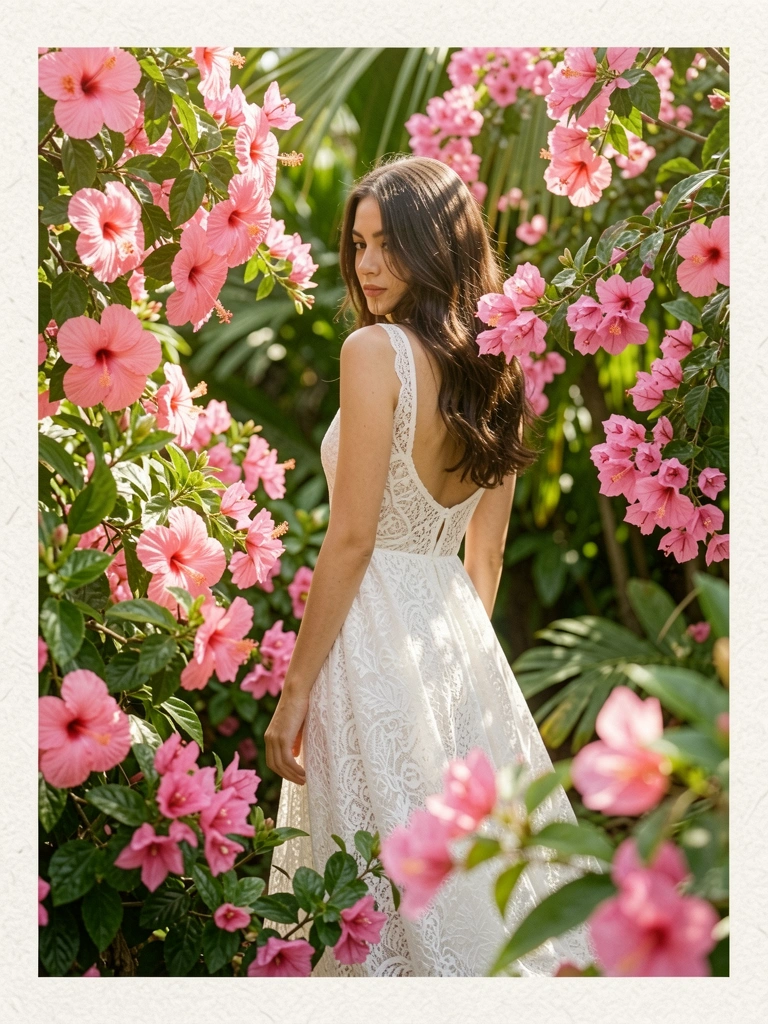 Jovem de vestido de renda branca entre flores tropicais rosas e verdes, luz natural suave com sombras manchadas.