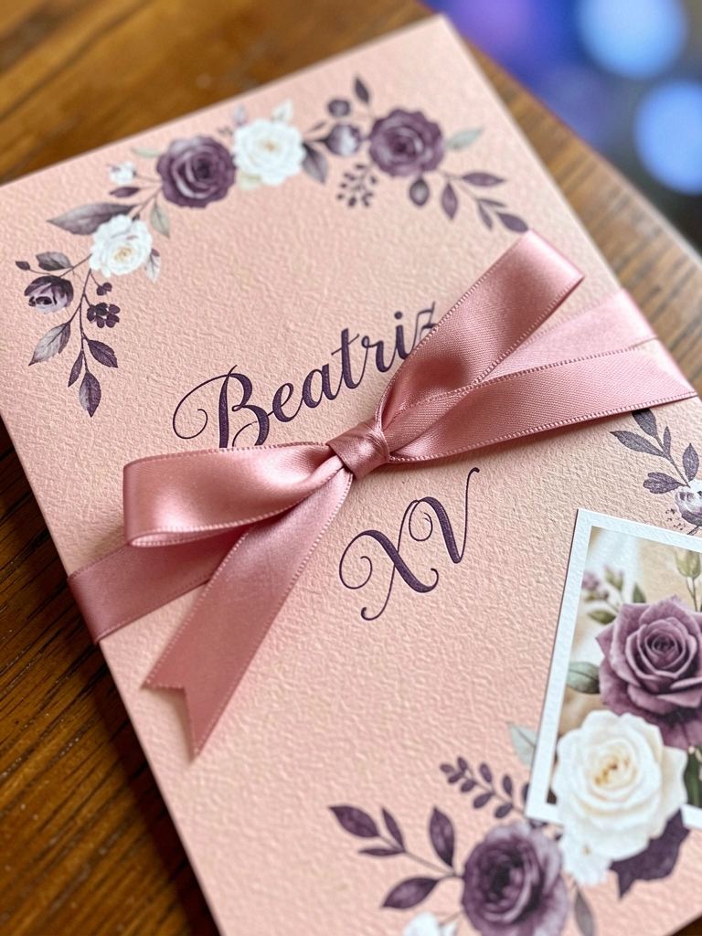 Papel texturizado rosê com laço de cetim e letras cursivas 